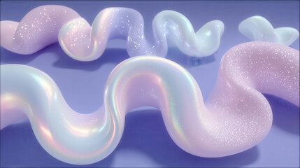 Soft, glowing waves ripple in pastel hues. Iridescent surfaces shimmer with gentle light. Shimmering particles drift through translucent curves. Dreamlike forms flow with serene, soothing motion