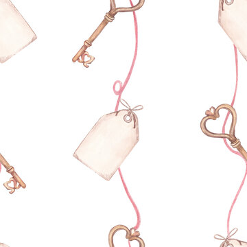 Seamless minimalist pattern featuring hand-drawn kays and tags in soft neutral tones on a light background. The design has a delicate, sketch-like aesthetic with subtle lin