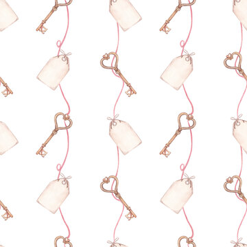 Seamless minimalist pattern featuring hand-drawn kays and tags in soft neutral tones on a light background. The design has a delicate, sketch-like aesthetic with subtle lin