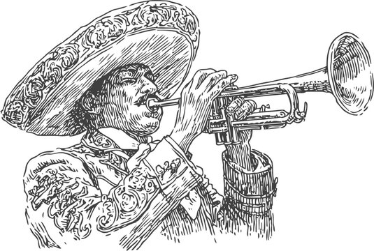 Mexican mariachi musician playing trumpet, traditional costume with embroidered charro suit and ornate sombrero hat