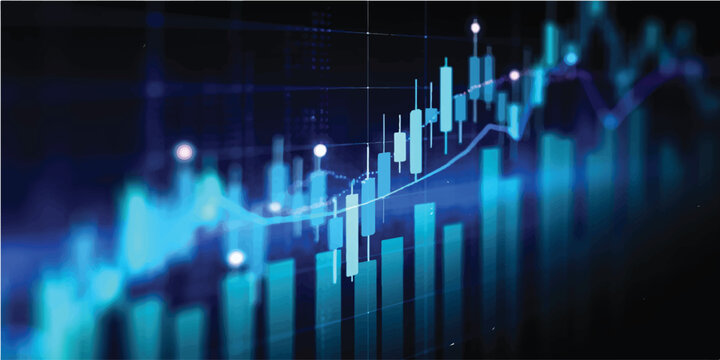 Abstract blue digital background with binary code and a glowing pulse line illustrating medical technology growth and financial market data on a computer monitor