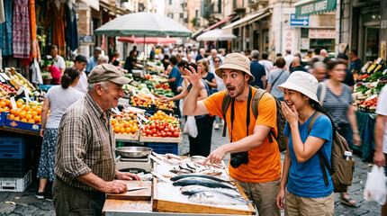 Fototapeta premium Happy young tourist couple interacting with a local vendor at an authentic outdoor fish market during their travels.