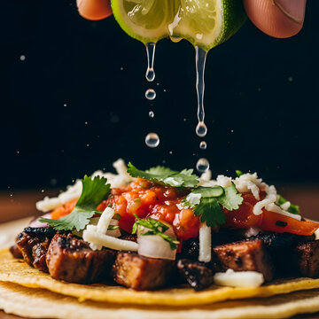 A person is sping a lime onto a taco tor