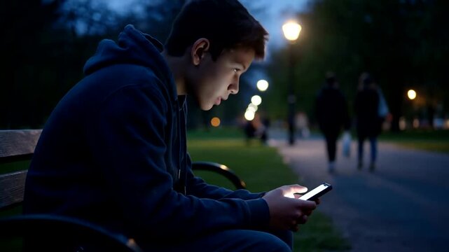 Man sitting on bench using smartphone.
