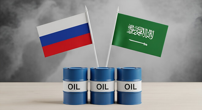 The national flags of Russia and Saudi Arabia stand prominently behind three "OIL" labeled barrels, representing global energy geopolitics and international petroleum trade.