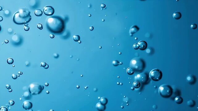 Clear Blue Water Bubbles Rising and Floating in Macro View, Oxygen Bubbles in Liquid for Skincare and Refreshing Beverage Concept