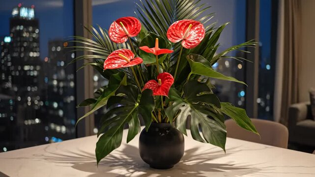 Floral arrangement on a table in front of a cityscape at night.