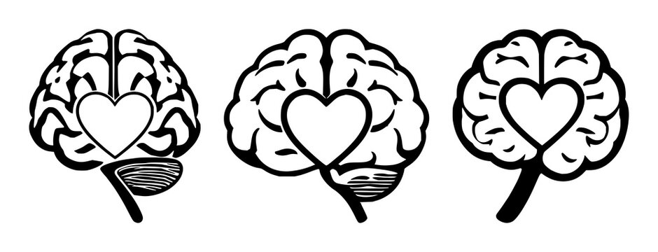 Mental health brain set with solid black icon on white background featuring stylized brain, heart, wellness symbol with black and white and minimalistic