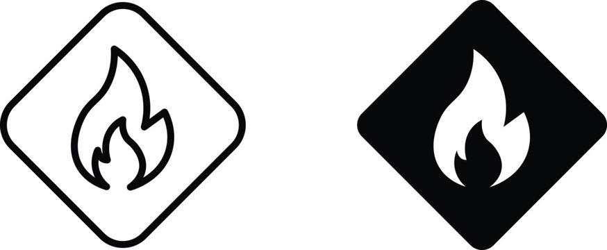 Flammable hazard warning icons, fire flame symbol in diamond frame, black and white industrial safety signs, 2 vector elements for caution labels