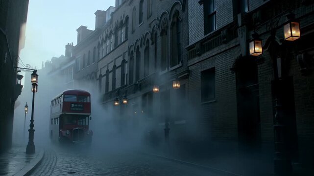Silent Foggy Lane With Glowing Lamps. Nighttime Atmosphere With Vintage Architecture And Foggy Ambiance