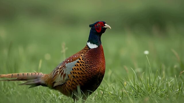 Male Common Pheasant Walking Through Green Meadow, Colorful Game Bird in Wild Grass Habitat, Hunting and Nature Conservation Concept