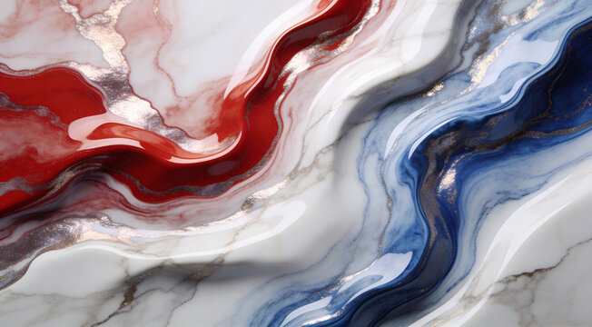 Abstract marble texture, flowing veins of red, white and blue. 4th of Juli.