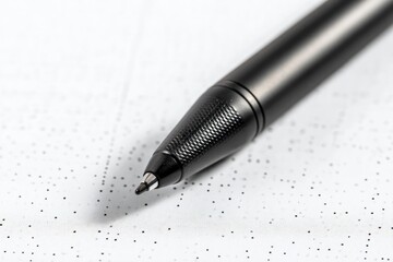Fototapeta premium Close-up of a black pen resting on white paper with a dotted pattern, macro shot of stationery supplies on a desk.