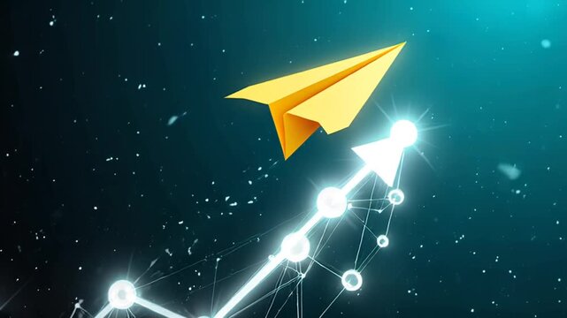 Digital growth concept with paper airplane and rising arrow graph representing online business success and technological progress