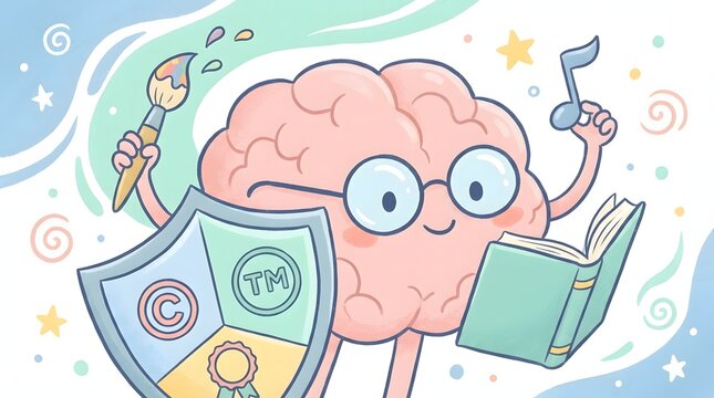 A cute cartoon brain with glasses holding creative tools and an intellectual property shield, representing ideas and protection.
