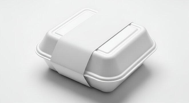 a white styrofoam takeout container with a lid, ideal for food packaging and delivery services