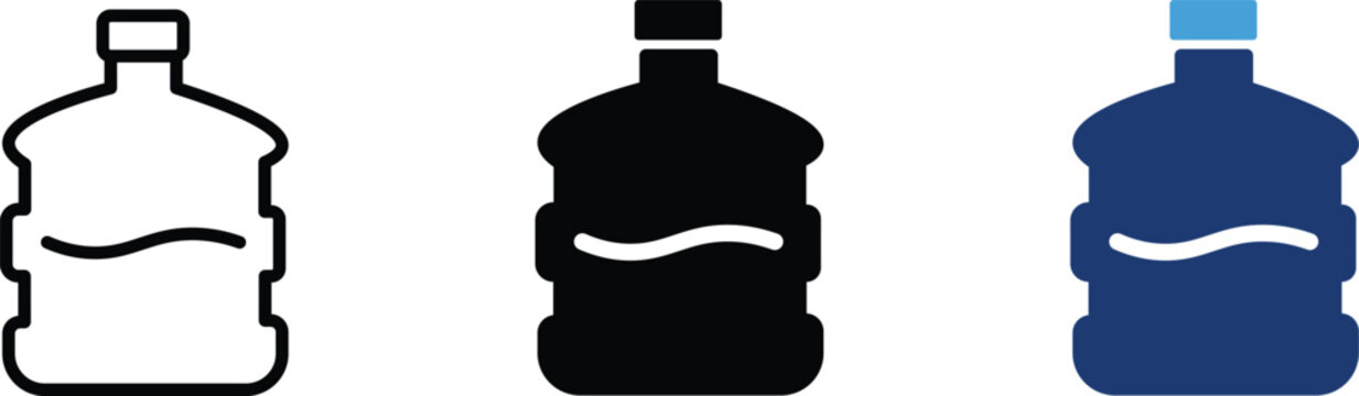 Water cooler bottle icon set, large plastic gallon jug vector illustrations, blue and black liquid container symbols for office hydration
