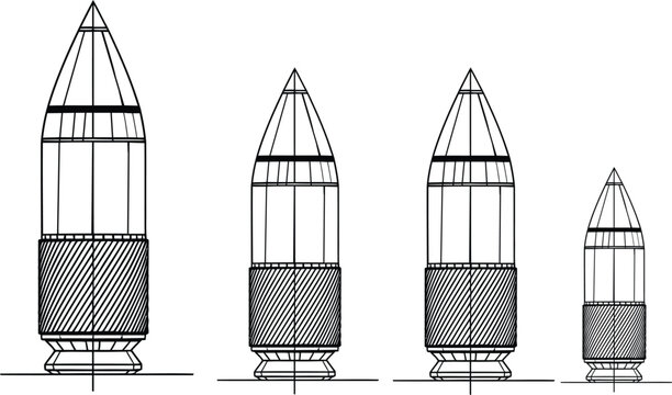 Schematic illustration of various caliber cartridges and bullets