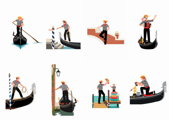 A collection of illustrations featuring a Venetian gondolier in various poses and scenes, showcasing traditional life and tourism in Venice, Italy. © Sri