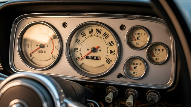 Vintage car dashboard with speedometer, fuel gauge, and other essential dials