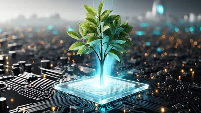 Digital technology concept with a young green plant growing from a glowing microchip on a circuit board background