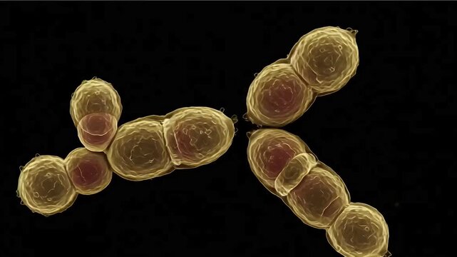 Microscopic View of Yeast Cells Budding and Reproducing, 3D Illustration of Fungal Organisms on a Black Background for Scientific and Medical Research Concepts