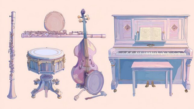 Pastel-toned musical instruments displayed