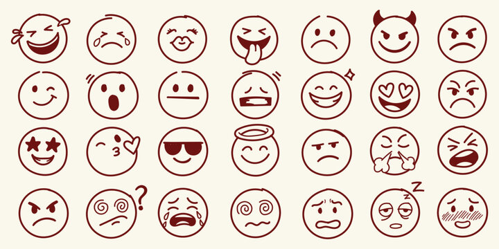 Smile doodle emoji faces in hand drawn vector doodle sketchy style. Happy  sad  crying emotional scribbles  comic elements for business design