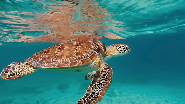 Sea Turtle Swimming in Crystal Clear Turquoise Ocean Water, Green Sea Turtle Gliding near Coral Reef Surface in Tropical Paradise