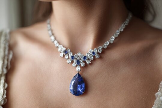 Elegant necklace with a large teardrop sapphire pendant, woman wearing luxury diamond and blue gemstone jewelry around her neck.