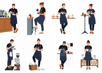 Obraz premium A collection of professional baristas in dark aprons creating latte art and serving coffee in a modern cafe setting, flat vector illustration.
