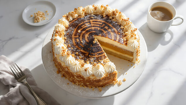Top-Down Flat Lay Argentine Postre Balcarce - Layered Sponge Cake with Dulce de Leche and Meringue - Traditional Regional Dessert - Deep Focus Food Photography
