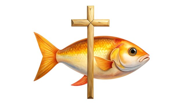 Fish, a vibrant gold color, with a wooden cross imposed atop, against a clean white backdrop