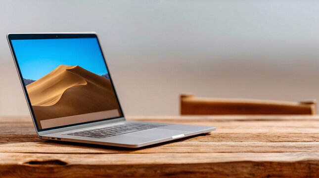 Laptop on wooden table displaying desert landscape for Summer Internships  