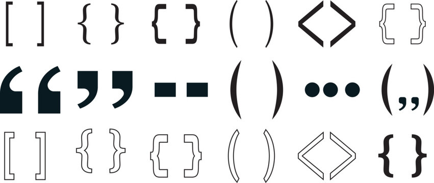 Curly brackets and quotation marks symbol collection vector. Curly brackets,creating an abstract typographic design. square brackets and quotation marks punctuation icon set vector illustration.
