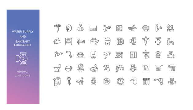 Water supply line icons set, sanitary equipment, bathroom and kitchen fixtures outline collection