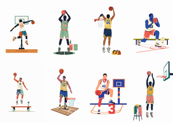A collection of colorful flat vector illustrations depicting various basketball players in action poses, including dunking, shooting, and stretching. © Sri