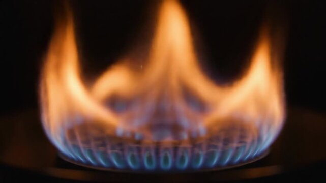 Striking close-up of a gas flame, featuring vibrant blue and orange hues, representing efficient energy conversion and essential household heat