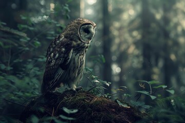 Obraz premium Owl perches on a mossy stump in a mysterious forest, creating a captivating scene of wildlife in its natural habitat