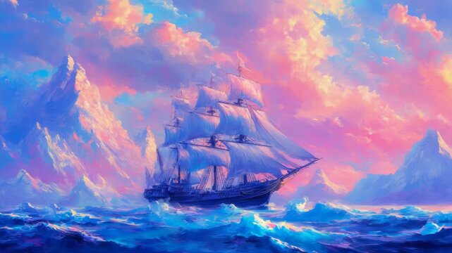 Majestic sailing ship navigating through icy blue ocean wave under vibrant pastel pink sunset sky with snowy mountain in dreamy impressionist painting