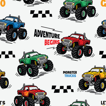 Monster Trucks Seamless Pattern for Kids Adventure