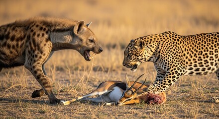 Cinematic wildlife scenes of leopard defending prey from hyena, capturing intense survival moments, predator conflict, and natural behavior in the wild.