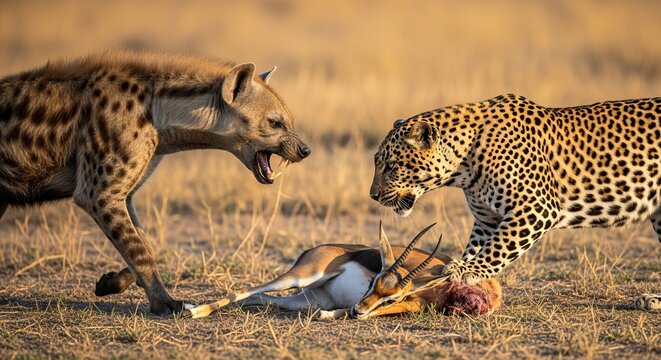 Cinematic wildlife scenes of leopard defending prey from hyena, capturing intense survival moments, predator conflict, and natural behavior in the wild.