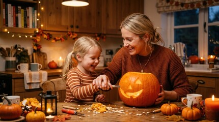 Fototapeta premium Mother and daughter happily carving a jack-o'-lantern together for Halloween