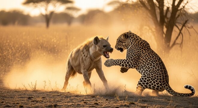 Cinematic wildlife scenes of leopard defending prey from hyena, capturing intense survival moments, predator conflict, and natural behavior in the wild.
