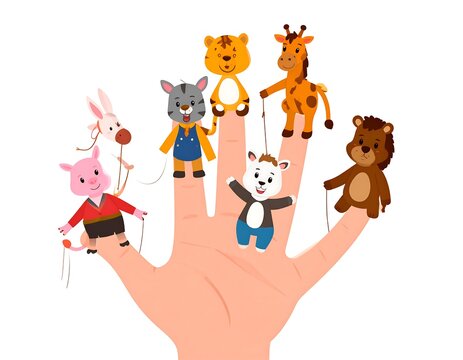 A cartoon hand hosts a puppet show with small, stringed animals, including a pig, bunny, tiger, giraffe, bear, and cat