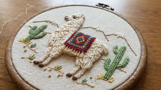 Close Up Embroidery Hoop Art of Llama and Cactus Animation