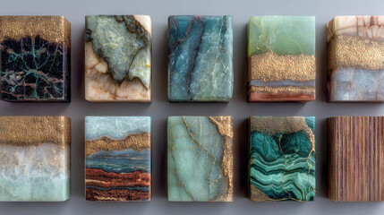 Eight polished stone tiles display rich, swirling patterns. Golden accents enhance natural textures in every panel. Earth tones and cool blues create striking visual contrast