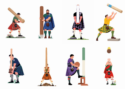 Flat vector illustration set of Scottish men in traditional kilts competing in the caber toss event at the Highland Games.