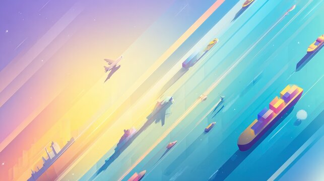 Colorful aerial perspective shows ships and aircraft floating on angled, striped gradients